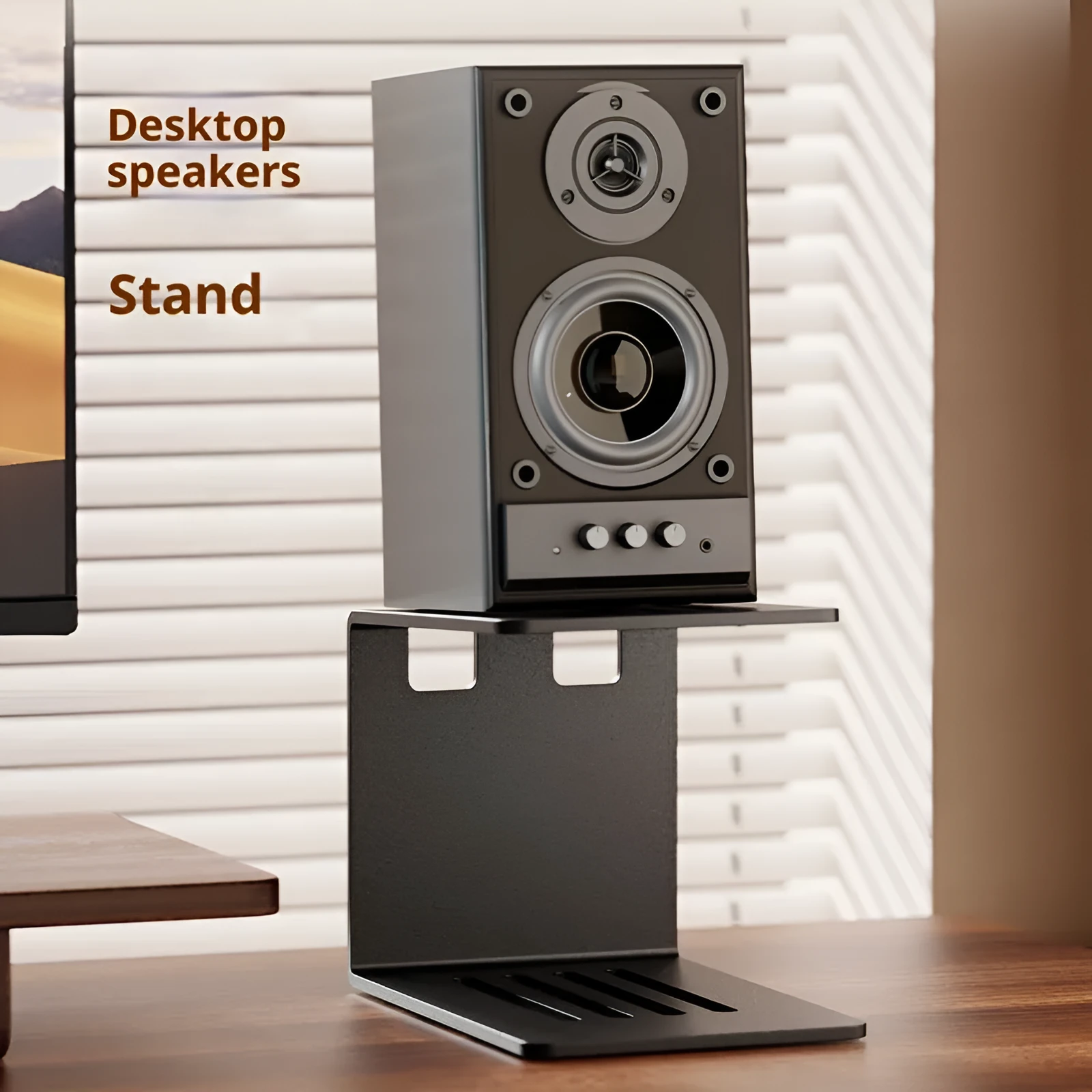 Metallic desktop sound shockproof elevated rack in black carbon steel, single layer, minimalist design