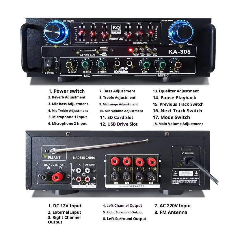 KA-305 4.1 channel Bluetooth power amplifier in black with front panel controls and lotus interface connections
