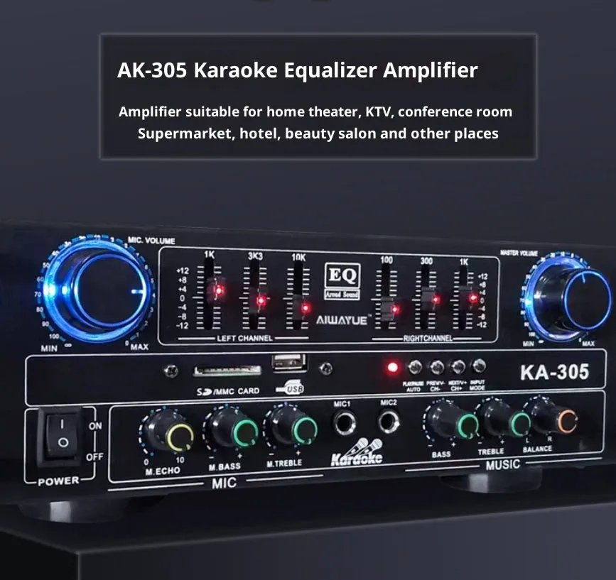 KA-305 4.1 channel Bluetooth power amplifier in black with front panel controls and lotus interface connections