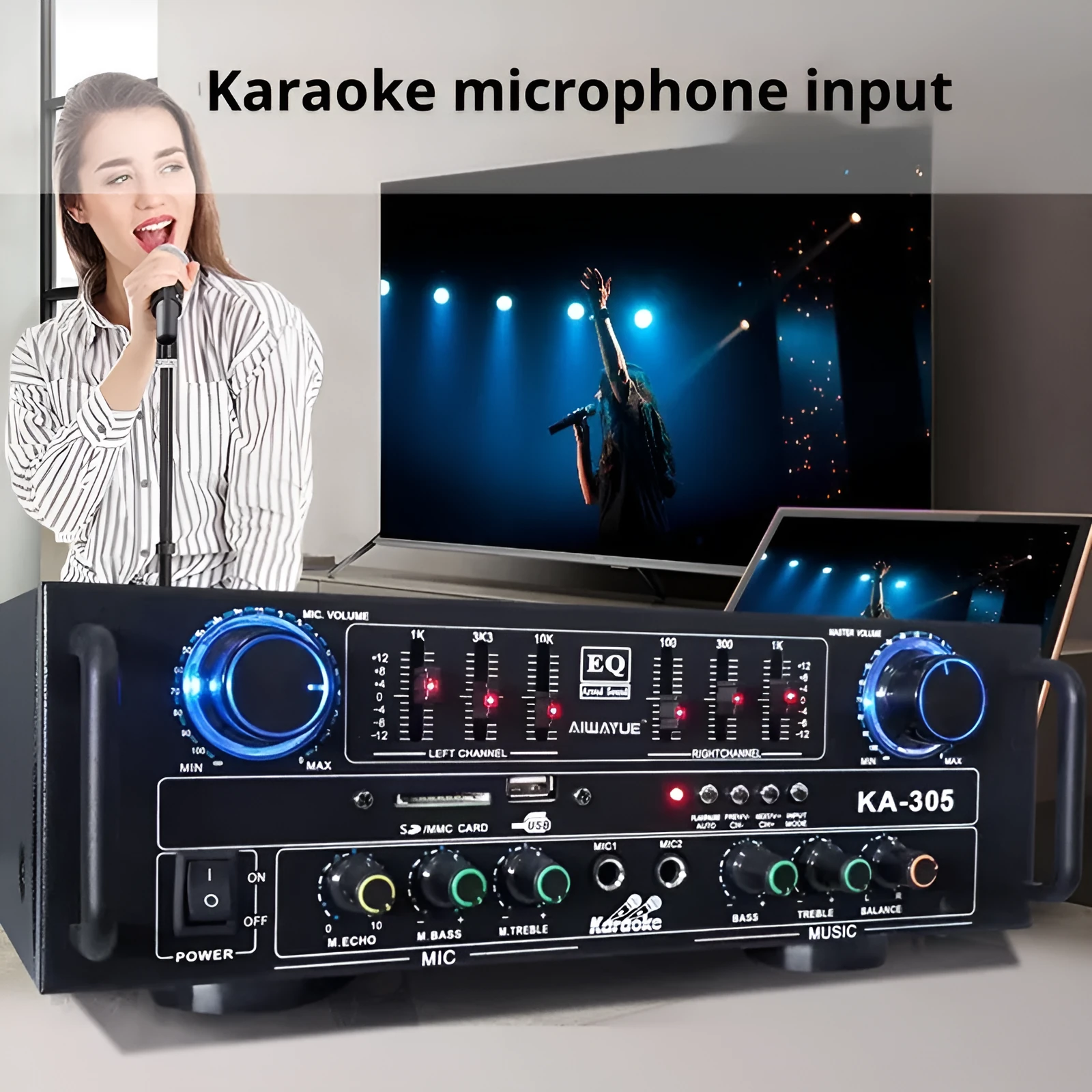 KA-305 4.1 channel Bluetooth power amplifier in black with front panel controls and lotus interface connections