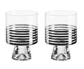 Modern black striped glass cold water bottle 1000ml with two cups on a light surface