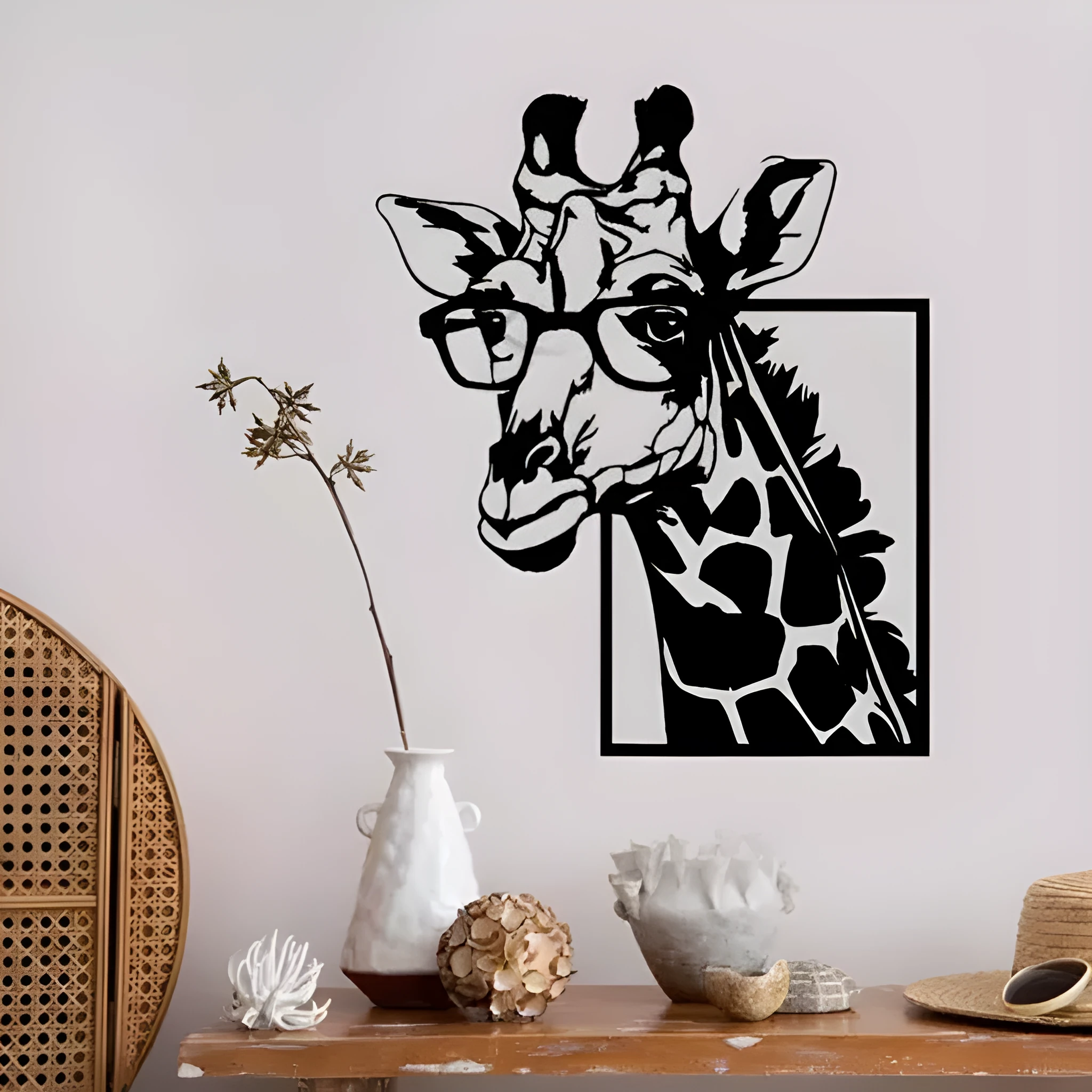 Black iron giraffe silhouette wall hanging with glasses in American country style on a wall