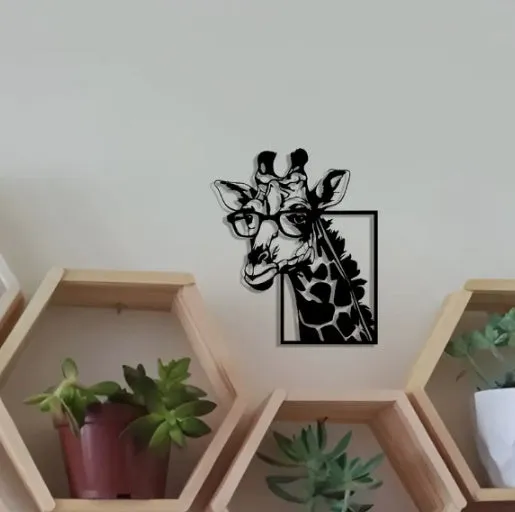 Black iron giraffe silhouette wall hanging with glasses in American country style on a wall