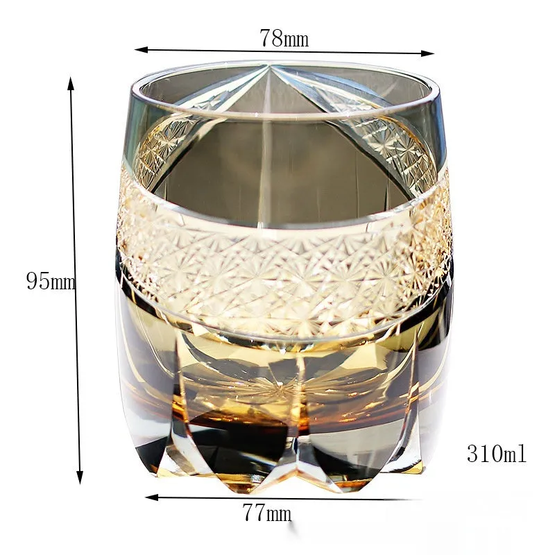 Japanese-style carved crystal whiskey tumbler with 301-400ml capacity in Gray Far Thunder colour on a dark surface