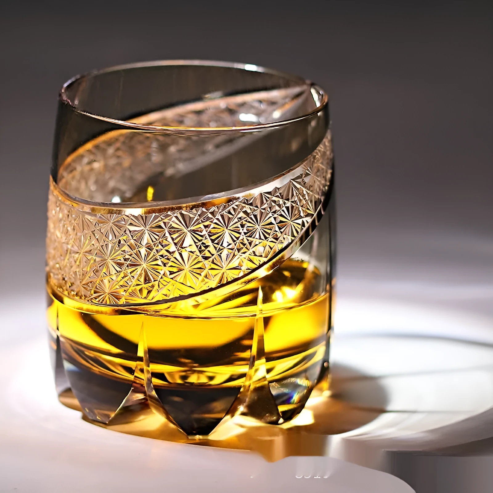 Japanese-style carved crystal whiskey tumbler with 301-400ml capacity in Gray Far Thunder colour on a dark surface