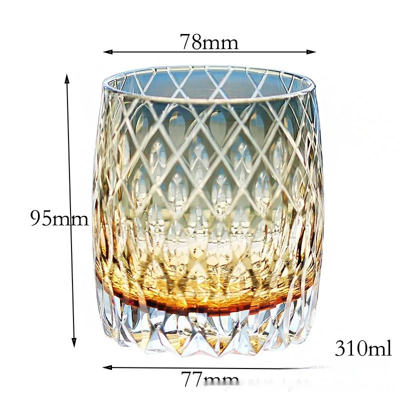 Japanese-style carved crystal whiskey tumbler with 301-400ml capacity in Gray Far Thunder colour on a dark surface