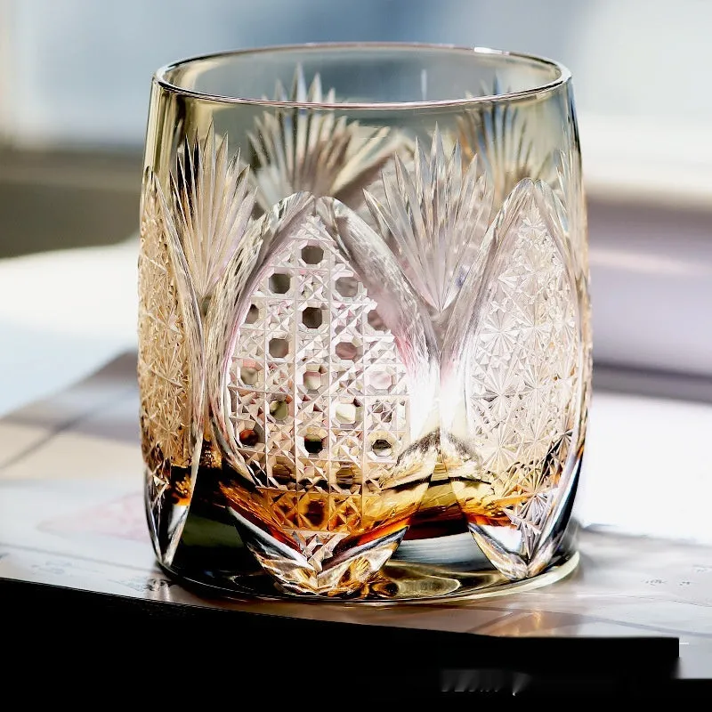 Japanese-style carved crystal whiskey tumbler with 301-400ml capacity in Gray Far Thunder colour on a dark surface
