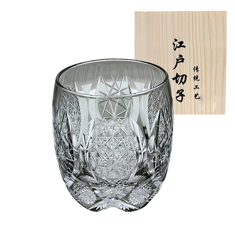 Edo Crystal Glass Whisky Tumbler with amber flash cut design in wooden box
