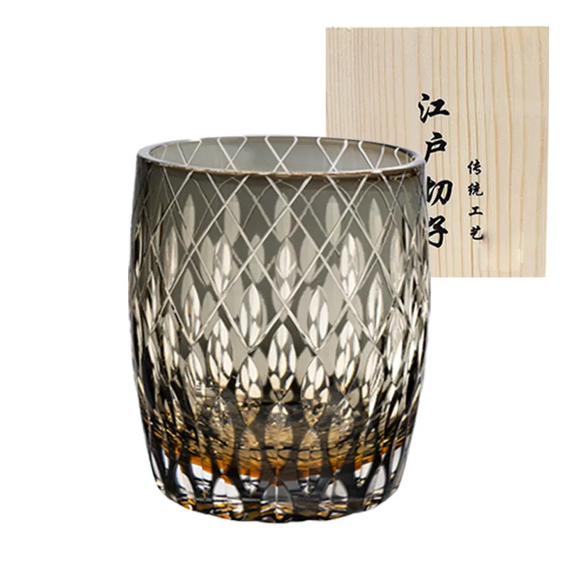 Edo Crystal Glass Whisky Tumbler with amber flash cut design in wooden box