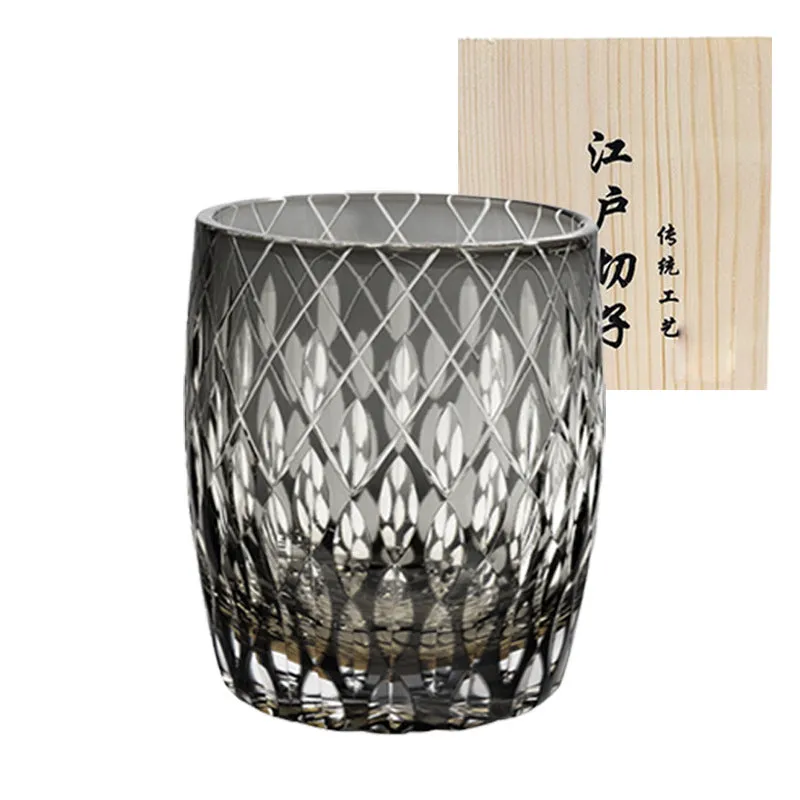 Edo Crystal Glass Whisky Tumbler with amber flash cut design in wooden box