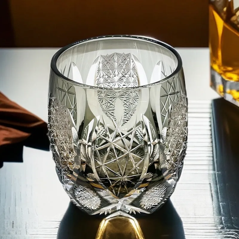Edo Crystal Glass Whisky Tumbler with amber flash cut design in wooden box