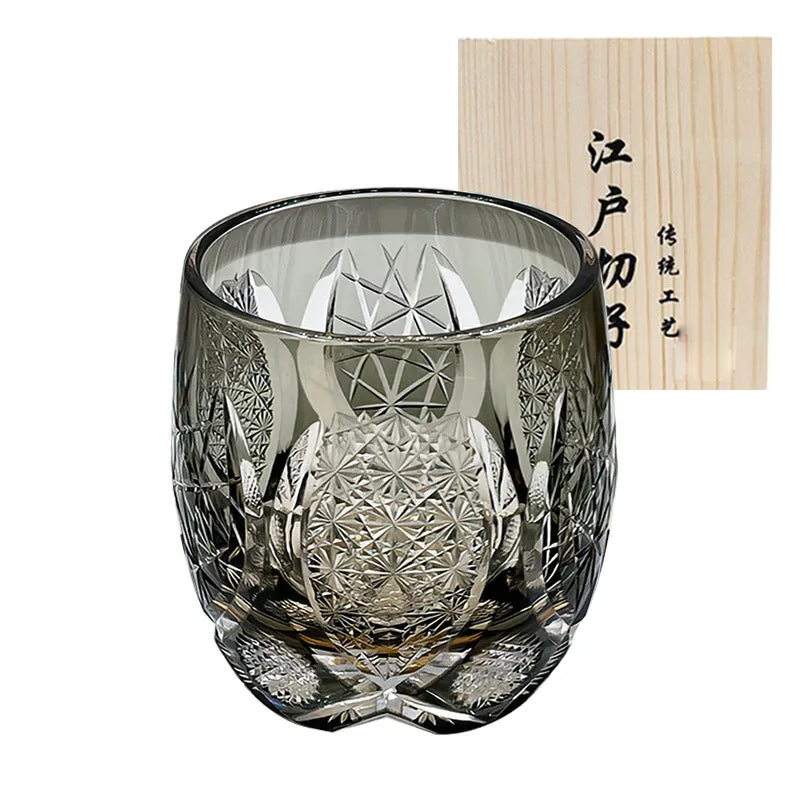 Edo Crystal Glass Whisky Tumbler with amber flash cut design in wooden box