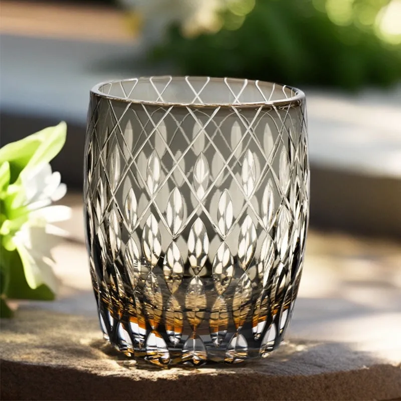 Edo Crystal Glass Whisky Tumbler with amber flash cut design in wooden box