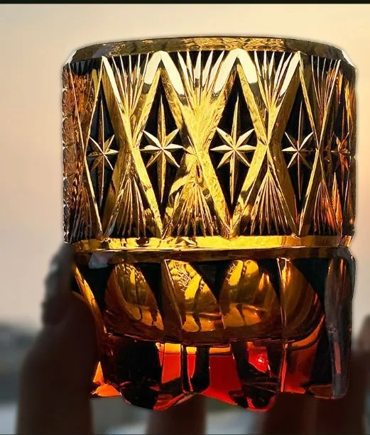 Handmade carved crystal wine glass in ginger yellow colour with retro style, 95mm tall, 340ml capacity