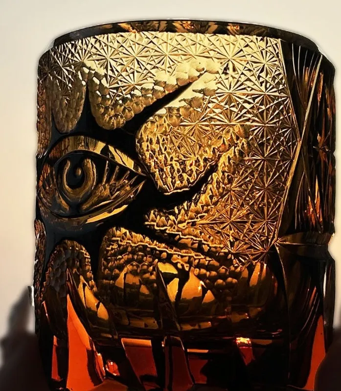 Handmade carved crystal wine glass in ginger yellow colour with retro style, 95mm tall, 340ml capacity
