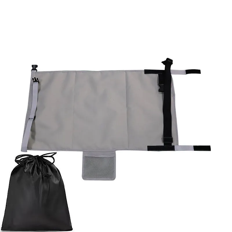 Portable blue children's aircraft seat extender with removable drawstring storage pocket folded for travel