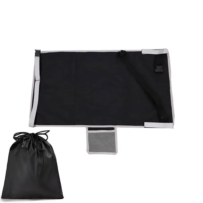 Portable blue children's aircraft seat extender with removable drawstring storage pocket folded for travel