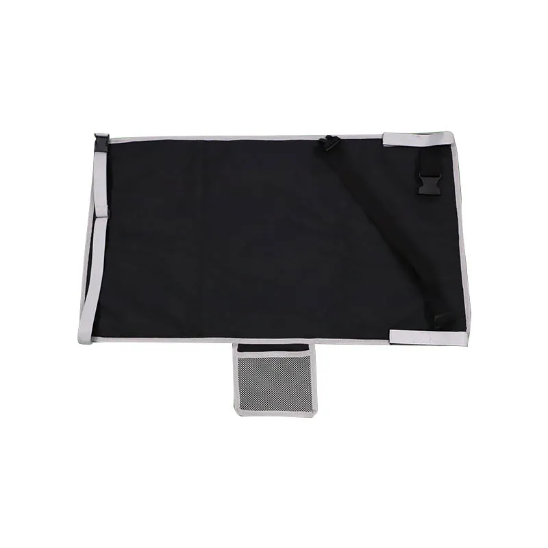Portable blue children's aircraft seat extender with removable drawstring storage pocket folded for travel