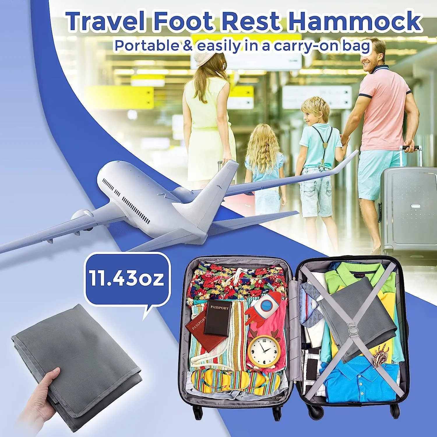 Portable blue children's aircraft seat extender with removable drawstring storage pocket folded for travel