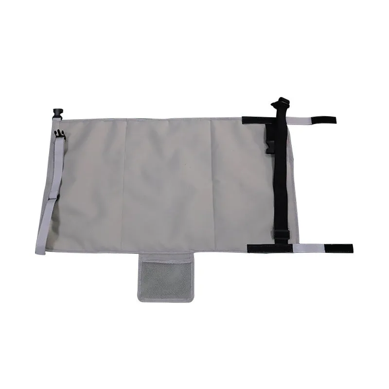 Portable blue children's aircraft seat extender with removable drawstring storage pocket folded for travel
