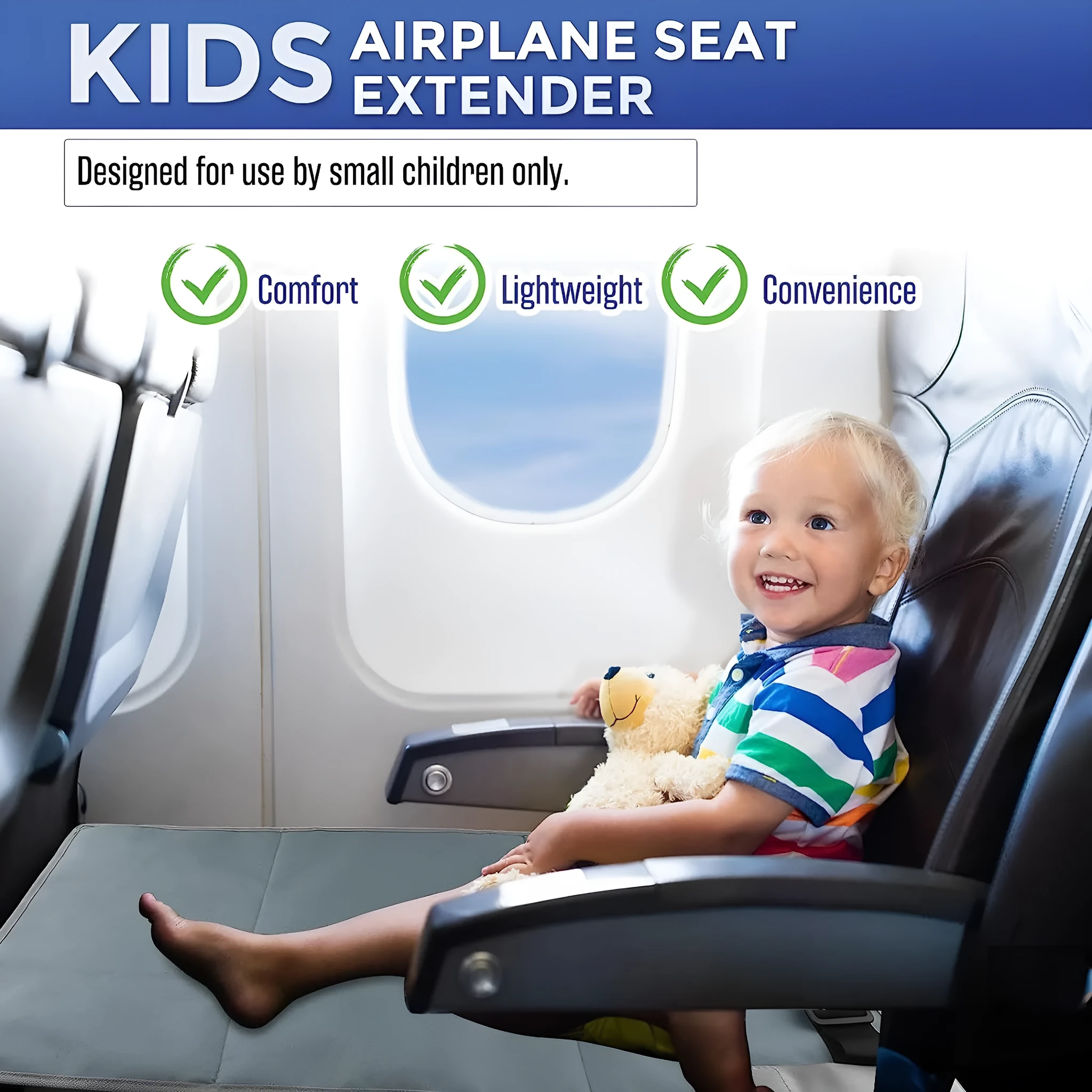 Portable blue children's aircraft seat extender with removable drawstring storage pocket folded for travel