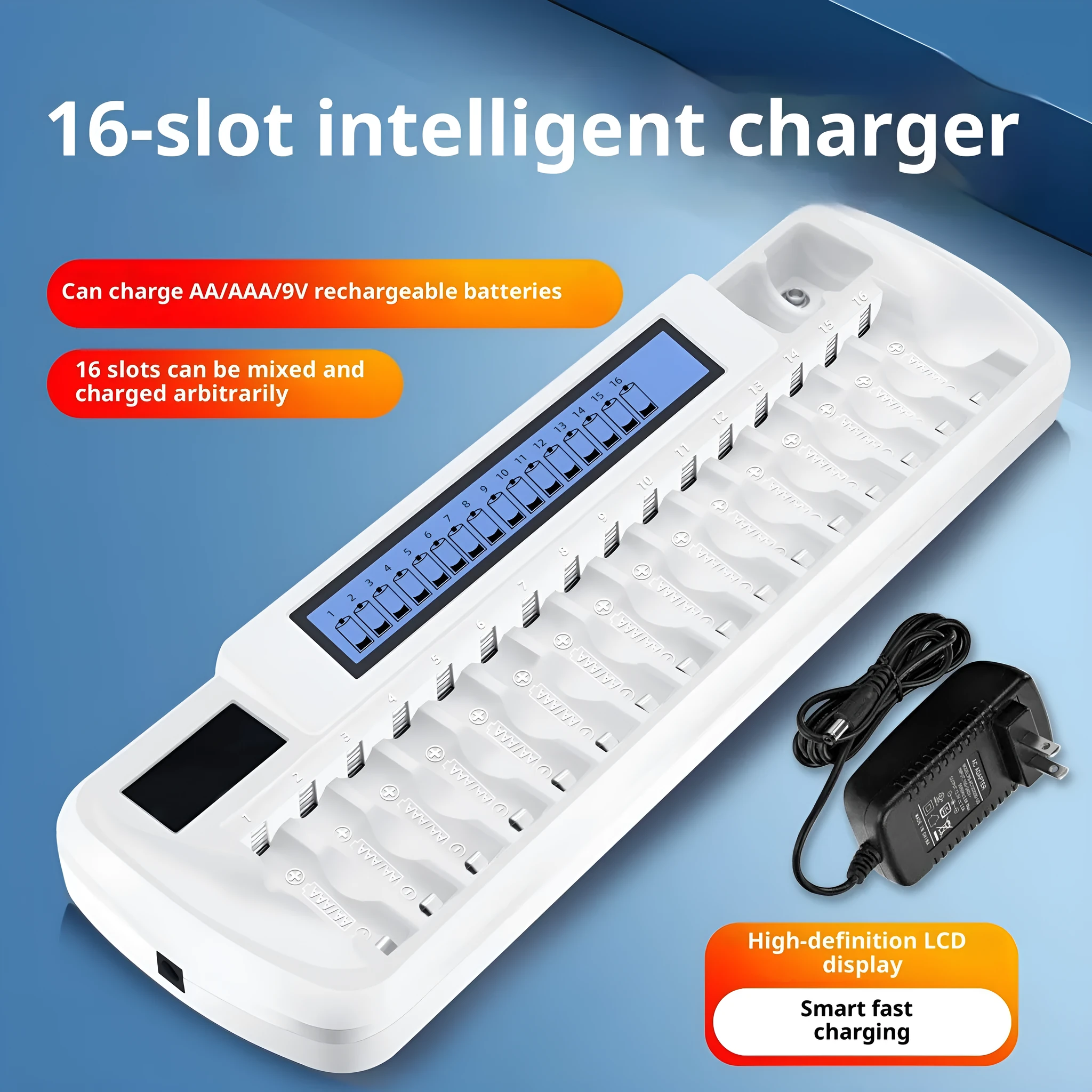 VIP-1680C LCD smart charger with 16 slots for AA AAA batteries and two 9V slots, ABS flame retardant casing, EU US plug options