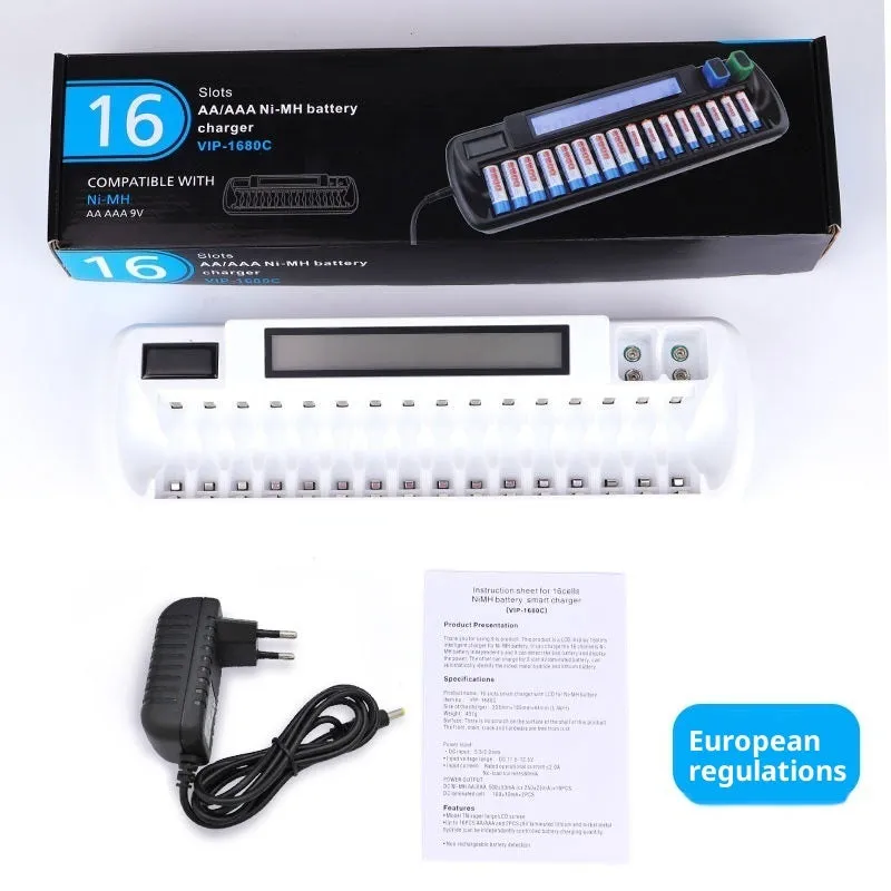 VIP-1680C LCD smart charger with 16 slots for AA AAA batteries and two 9V slots, ABS flame retardant casing, EU US plug options