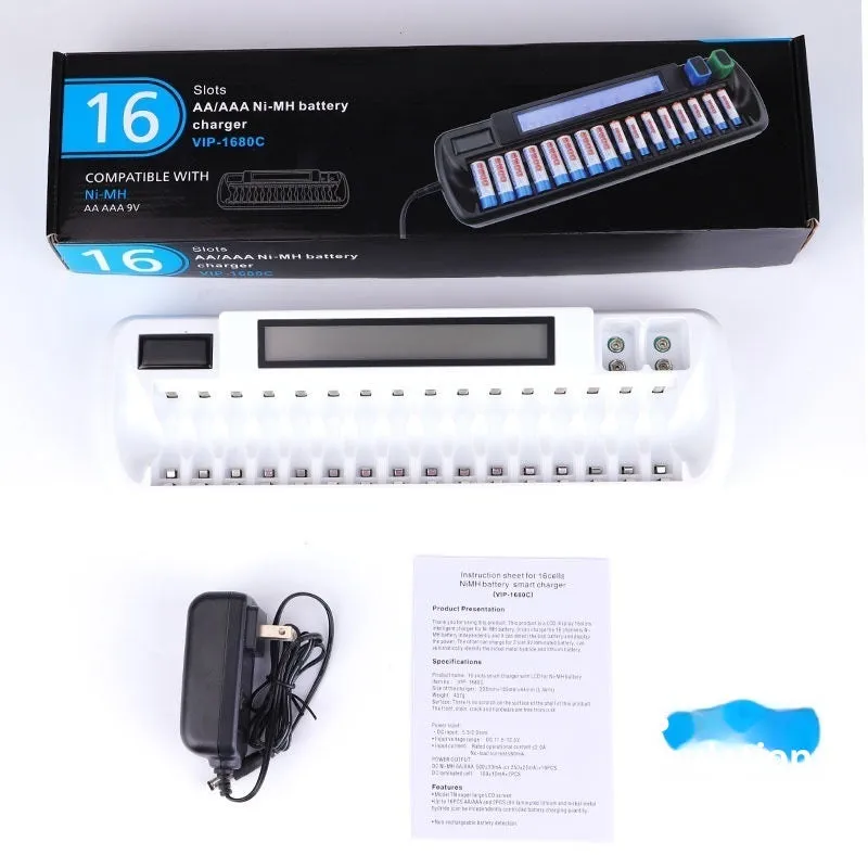VIP-1680C LCD smart charger with 16 slots for AA AAA batteries and two 9V slots, ABS flame retardant casing, EU US plug options