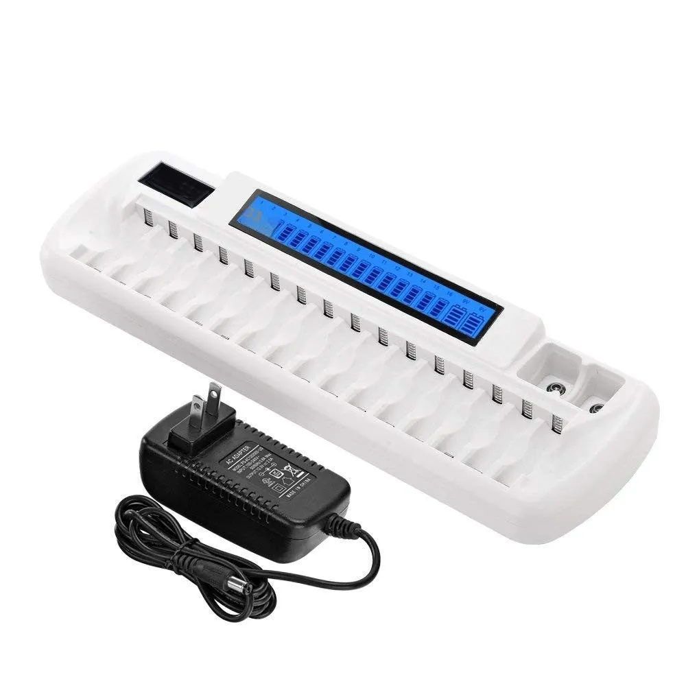 VIP-1680C LCD smart charger with 16 slots for AA AAA batteries and two 9V slots, ABS flame retardant casing, EU US plug options
