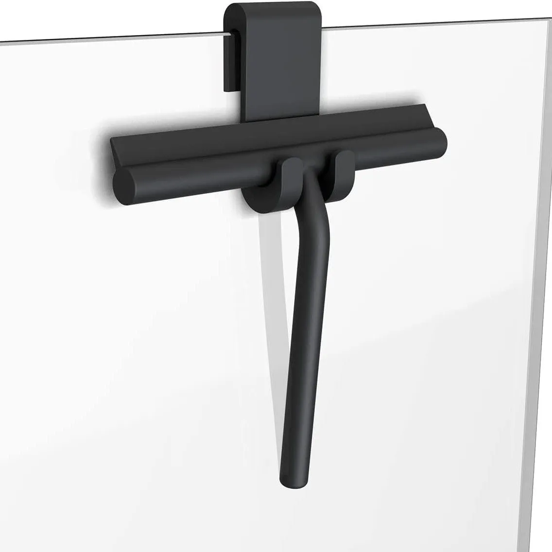 Small silicone water scraper with hook in black for cleaning bathroom tiles and glass