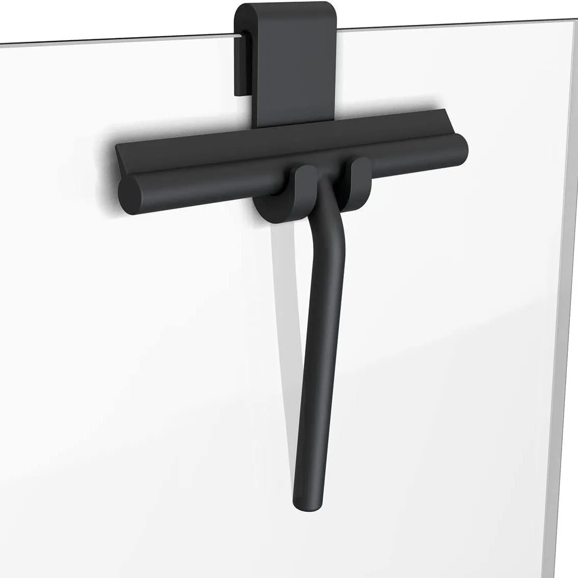 Small silicone water scraper with hook in black for cleaning bathroom tiles and glass