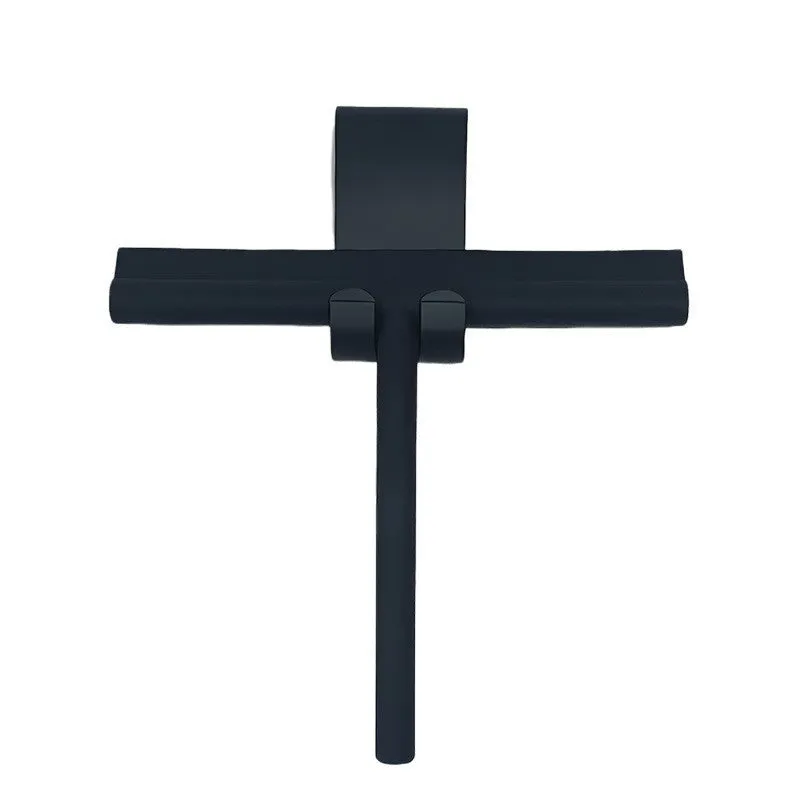 Small silicone water scraper with hook in black for cleaning bathroom tiles and glass