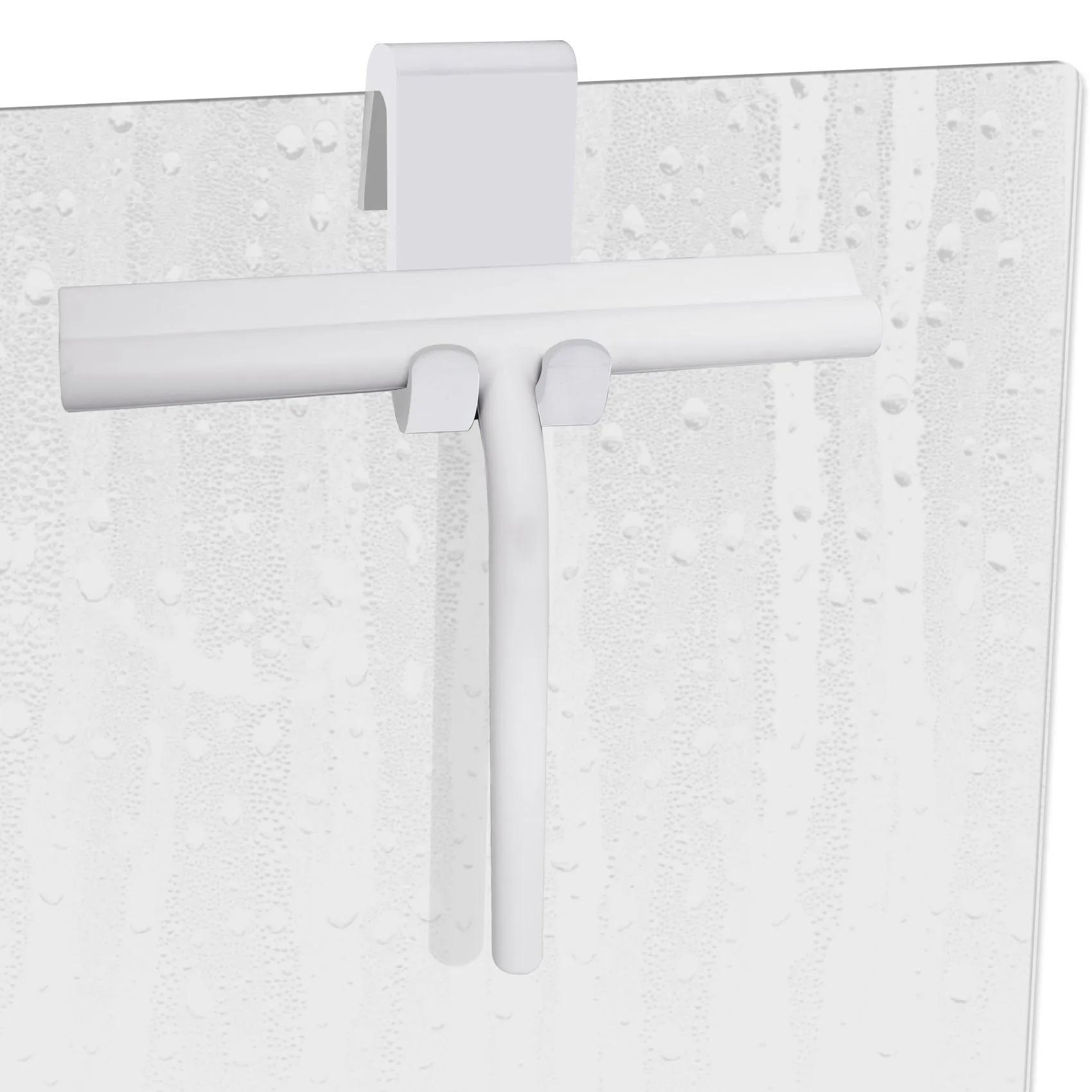 Small silicone water scraper with hook in black for cleaning bathroom tiles and glass