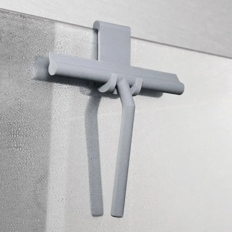 Small silicone water scraper with hook in black for cleaning bathroom tiles and glass
