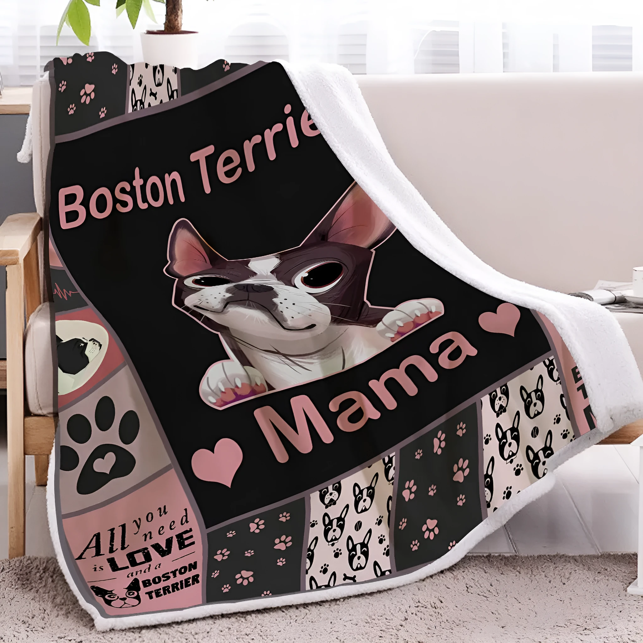 High weight soft warm dog themed lamb wool blanket in pink on sofa