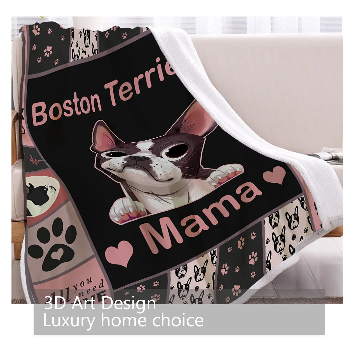 High weight soft warm dog themed lamb wool blanket in pink on sofa