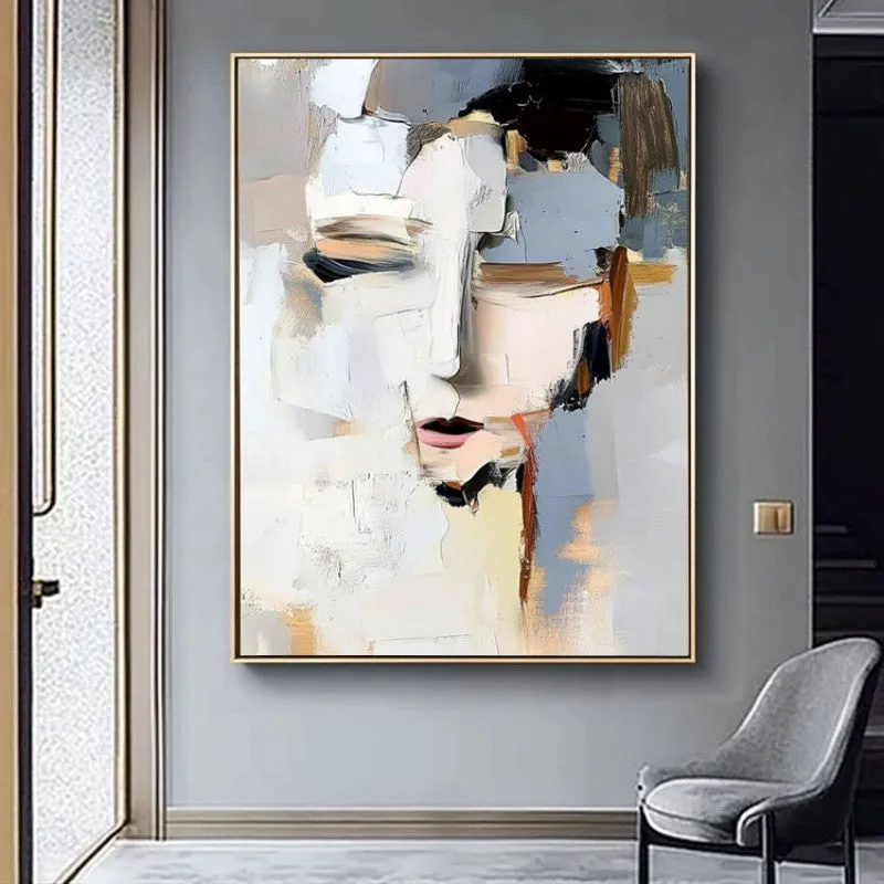 Hand-painted abstract woman portrait oil painting on canvas, modern black and white, vertical orientation
