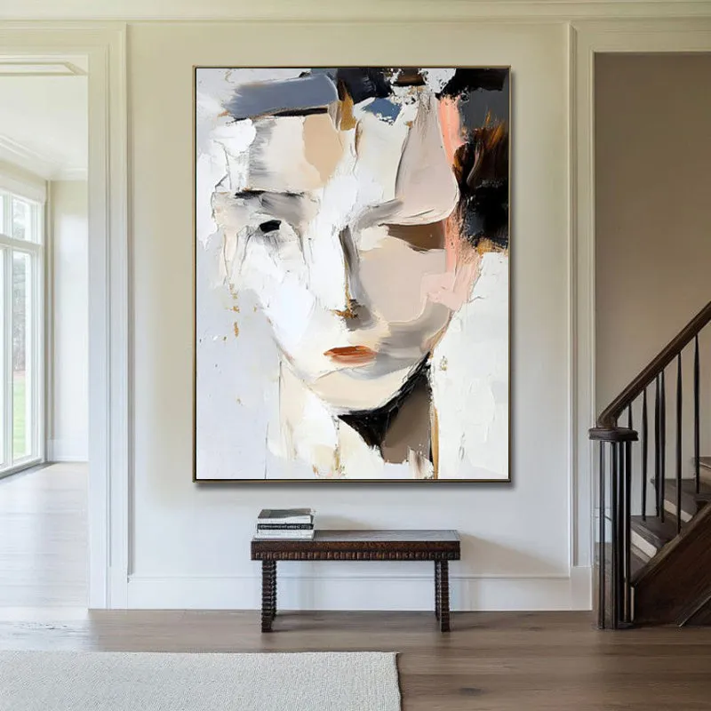 Hand-painted abstract woman portrait oil painting on canvas, modern black and white, vertical orientation