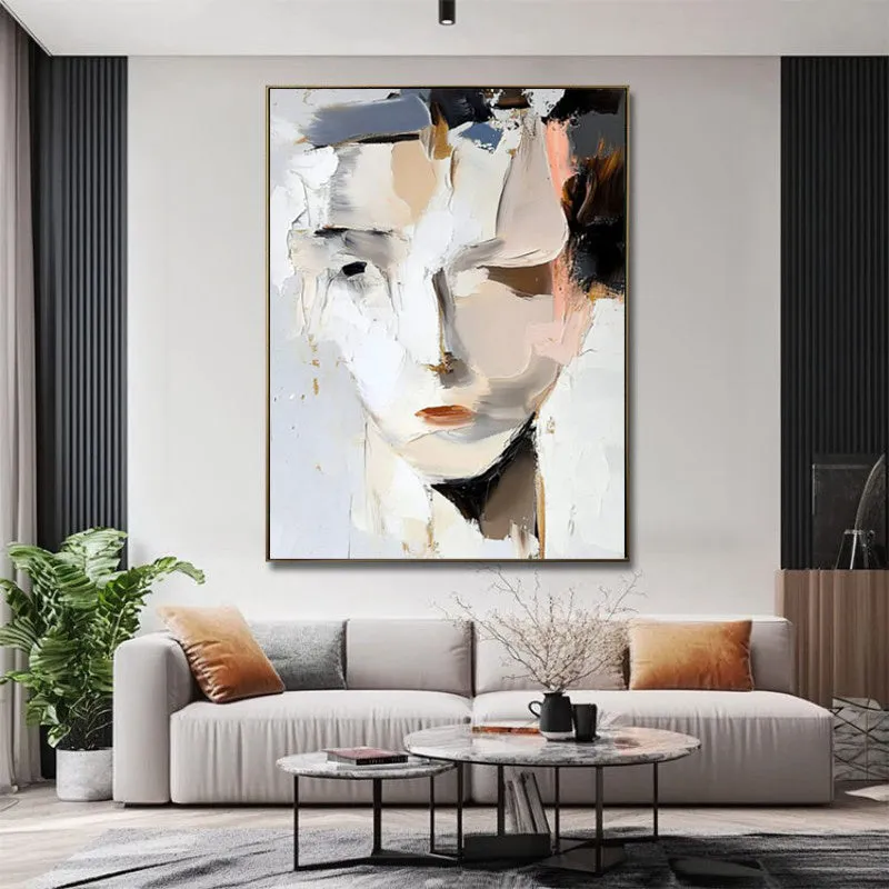 Hand-painted abstract woman portrait oil painting on canvas, modern black and white, vertical orientation