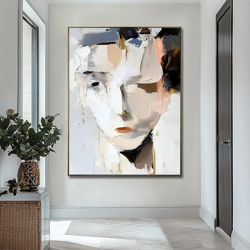 Hand-painted abstract woman portrait oil painting on canvas, modern black and white, vertical orientation