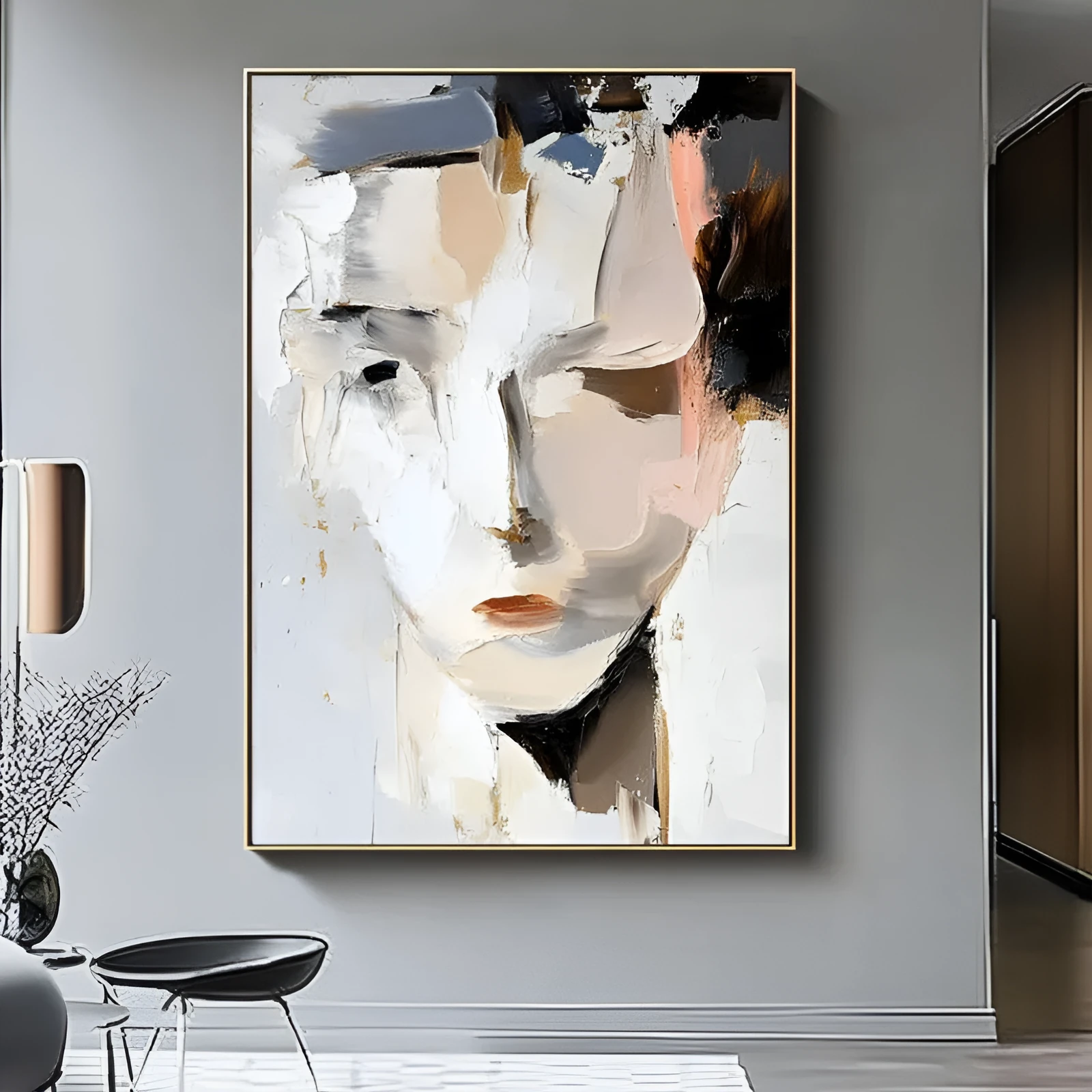 Hand-painted abstract woman portrait oil painting on canvas, modern black and white, vertical orientation