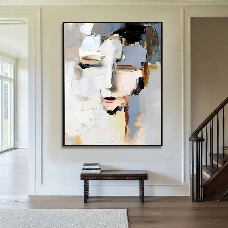 Hand-painted abstract woman portrait oil painting on canvas, modern black and white, vertical orientation