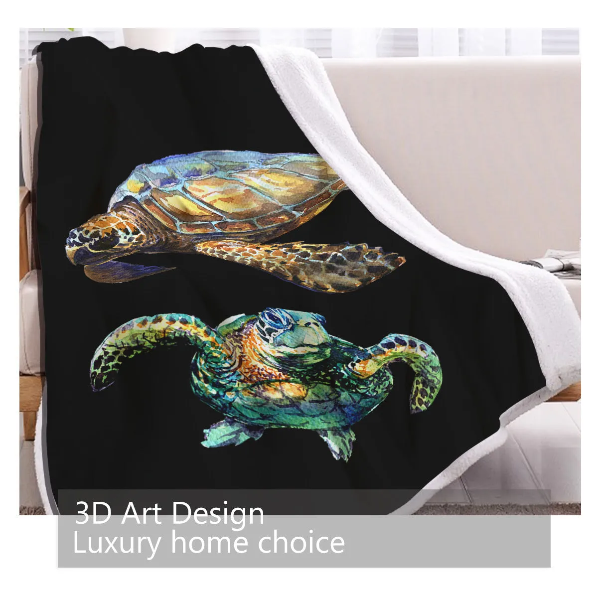 Black turtle pattern Sherpa fleece blanket on sofa, soft warm throw for home or camping