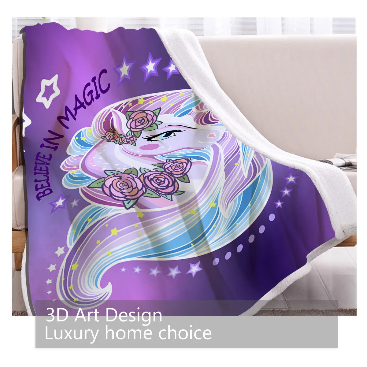 Purple unicorn themed lamb wool Sherpa fleece throw blanket 130x150cm with hemmed edges on sofa