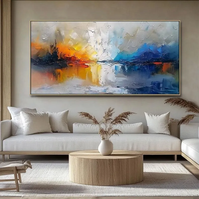 Handmade modern abstract landscape oil painting on canvas, large horizontal size