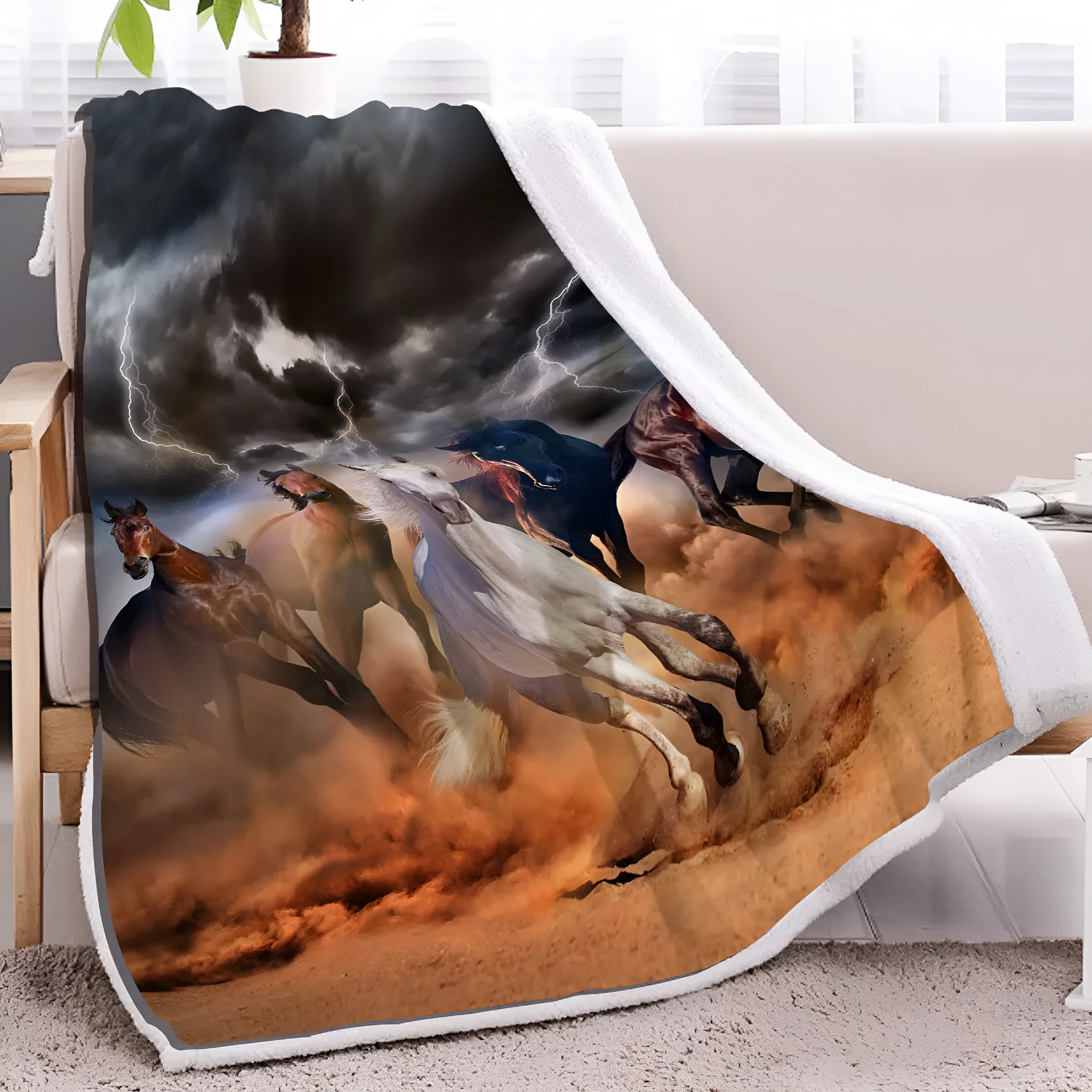 High weight soft warm horse themed lamb wool blanket in black, 130x150cm size, folded on sofa