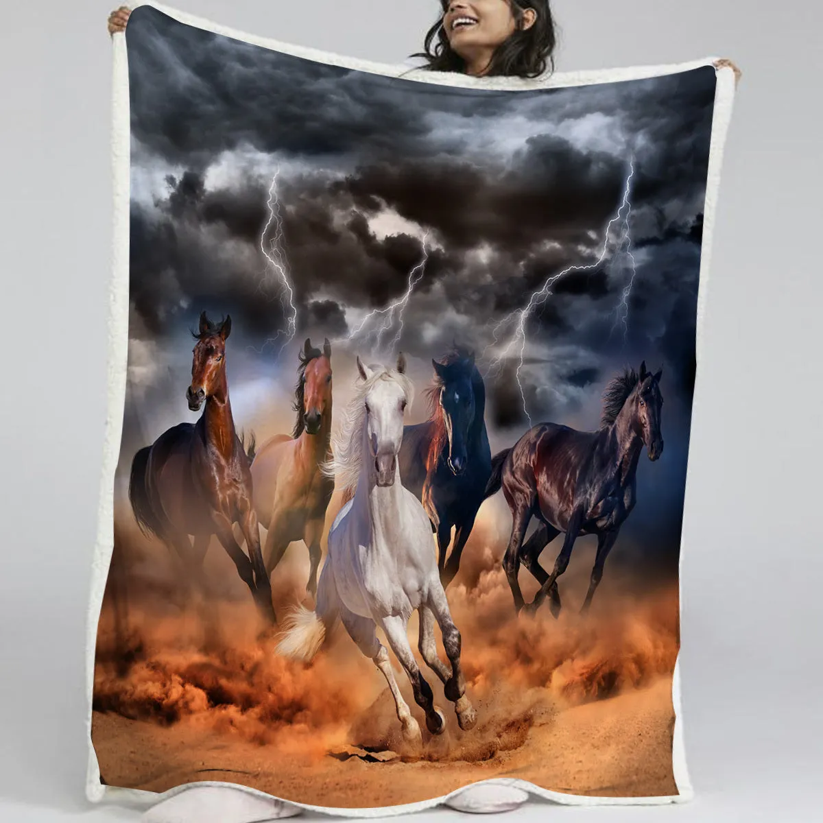 High weight soft warm horse themed lamb wool blanket in black, 130x150cm size, folded on sofa