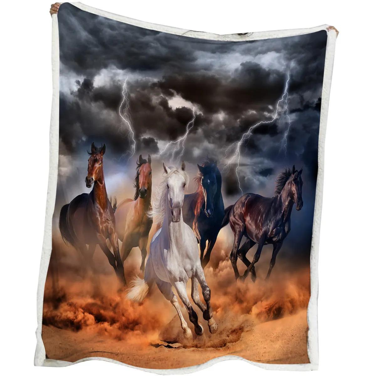 High weight soft warm horse themed lamb wool blanket in black, 130x150cm size, folded on sofa