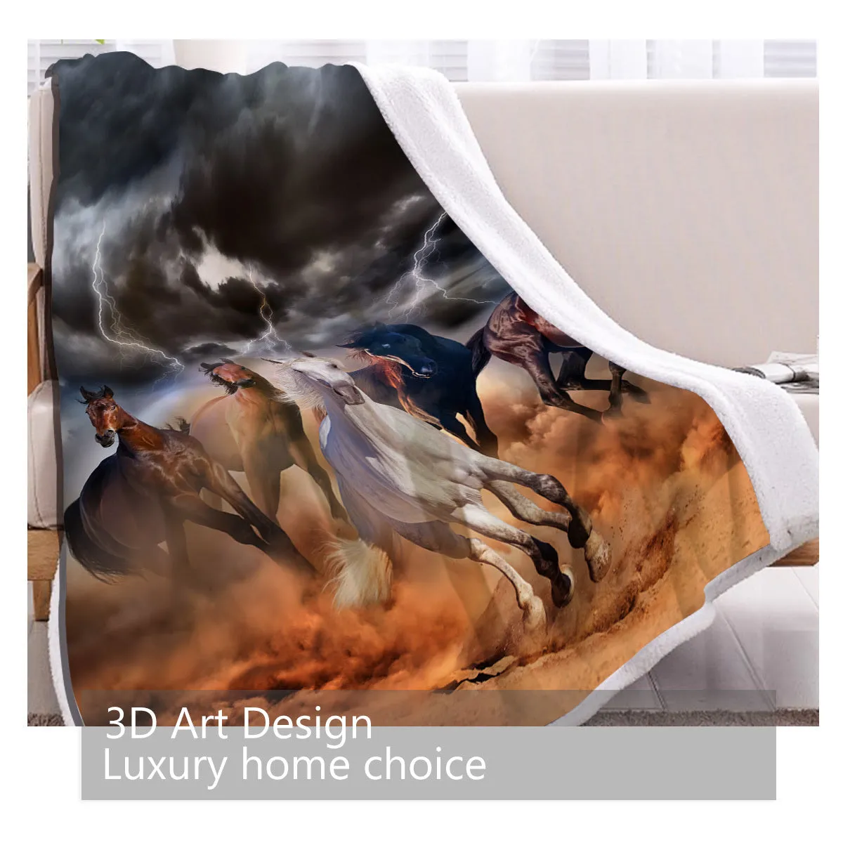 High weight soft warm horse themed lamb wool blanket in black, 130x150cm size, folded on sofa