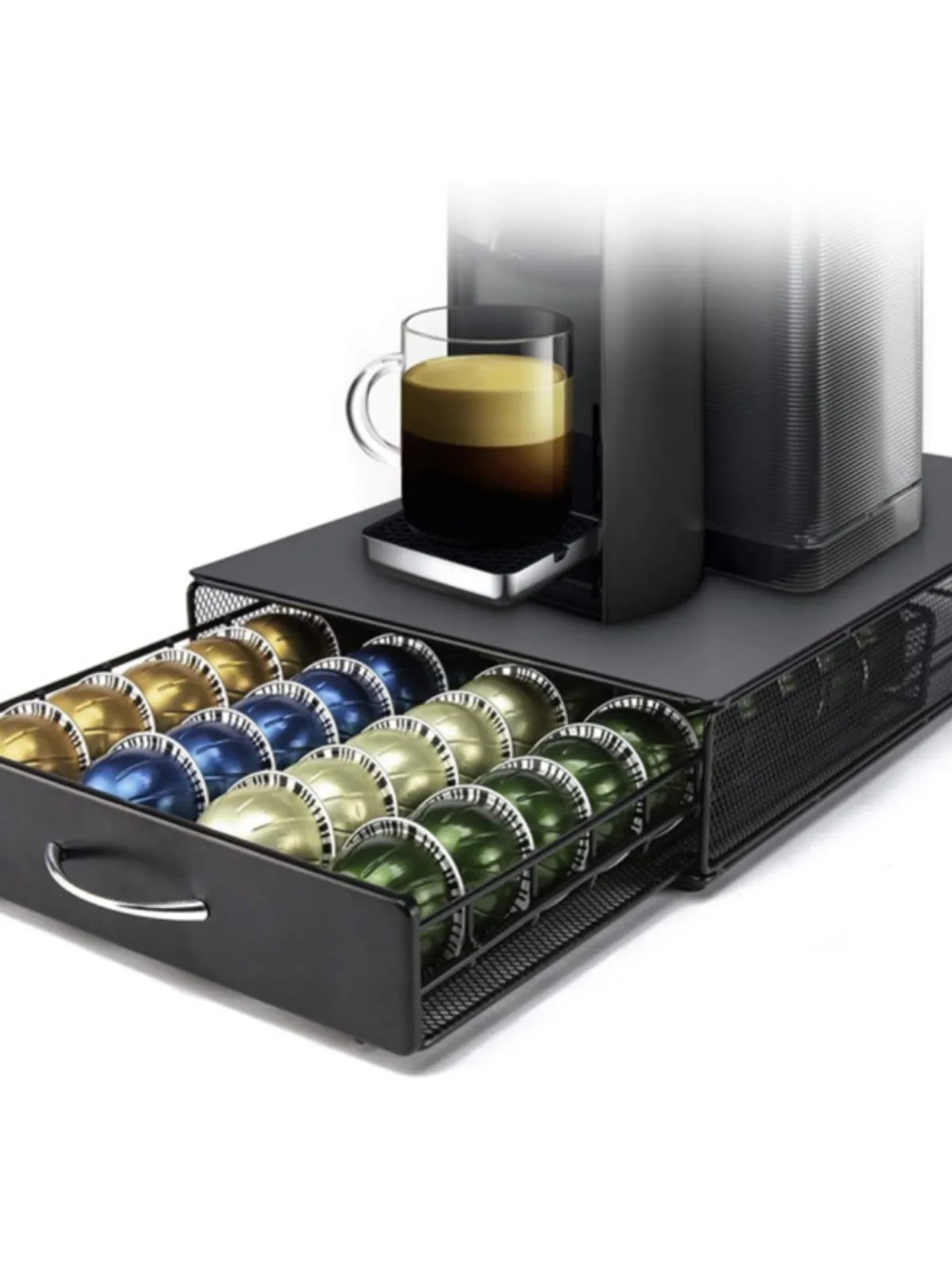 Black coffee capsule storage drawer with silver handle, 40x29x8.5cm, on a cafe countertop